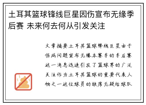 土耳其篮球锋线巨星因伤宣布无缘季后赛 未来何去何从引发关注