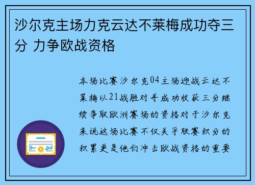 沙尔克主场力克云达不莱梅成功夺三分 力争欧战资格
