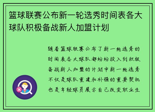 篮球联赛公布新一轮选秀时间表各大球队积极备战新人加盟计划