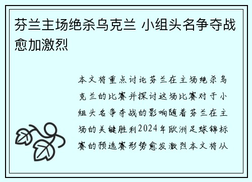 芬兰主场绝杀乌克兰 小组头名争夺战愈加激烈